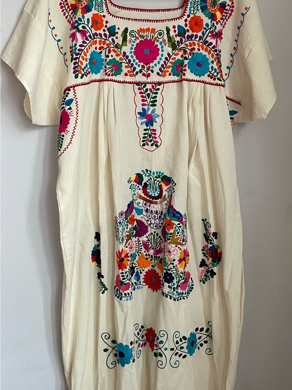 Hand Embroidered 100% Cotton Mexican Mayan Huipil Peacock Floral Dress Chiapas